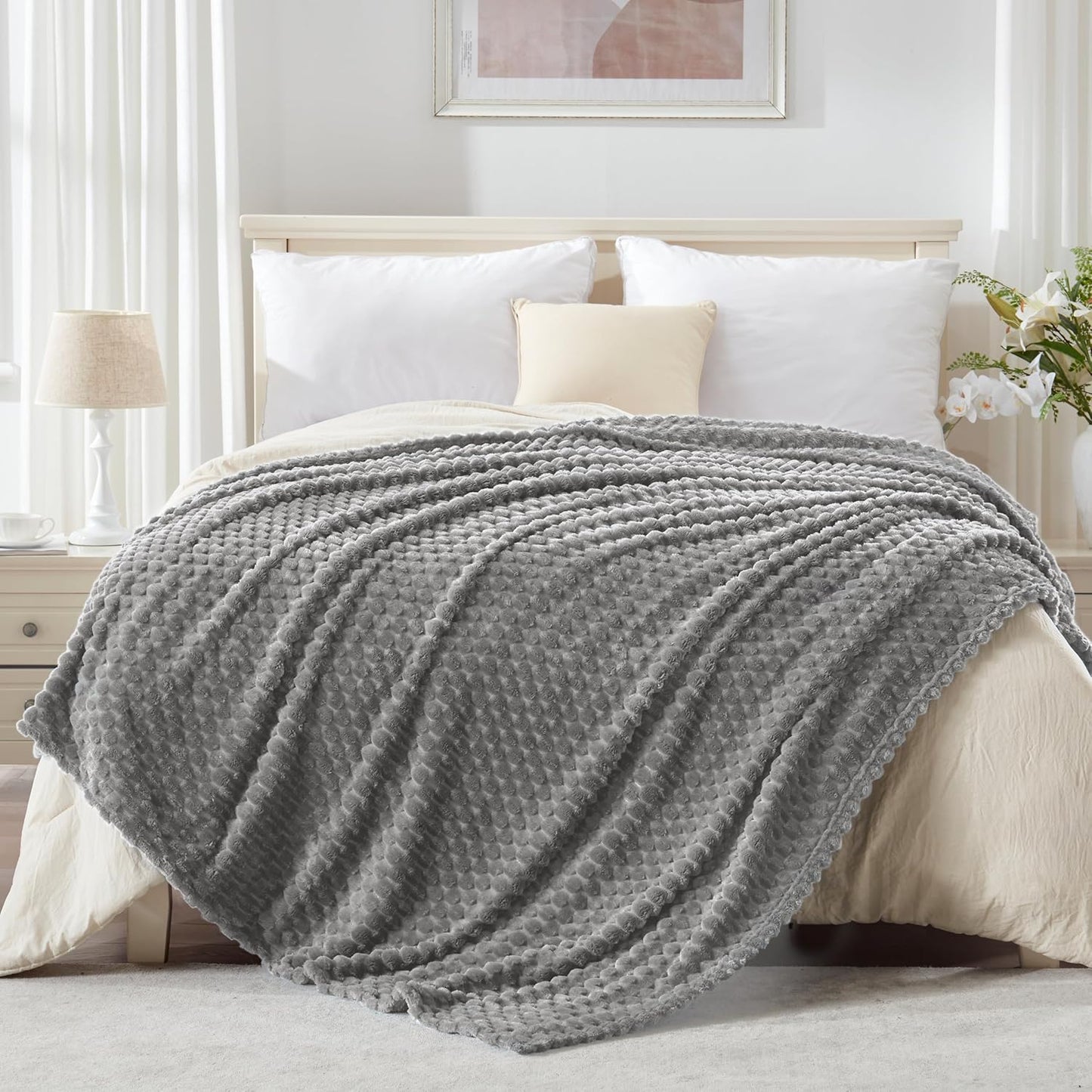 EXQ Home Fleece Throw Blanket for Couch or Bed - 3D Imitation Turtle Shell Jacquard Decorative Blankets - Cozy Soft Lightweight Fuzzy Flannel Blanket Suitable for All Seasons(50"×60",Beige)