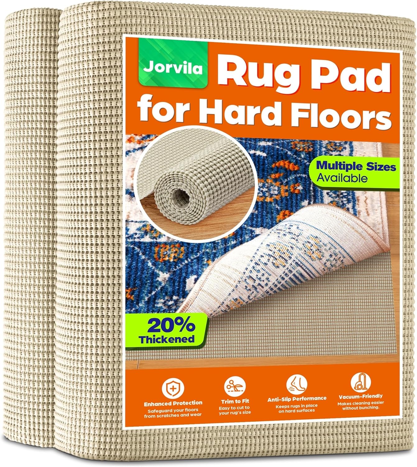 Jorvila Non-Slip Rug Pad Gripper 8x10 Feet, Anti Skid Mat for Under Area Rugs, Keeps Rugs in Position and Safe, Thick Cushioned Carpet Pad for Hardwood Floors Protection