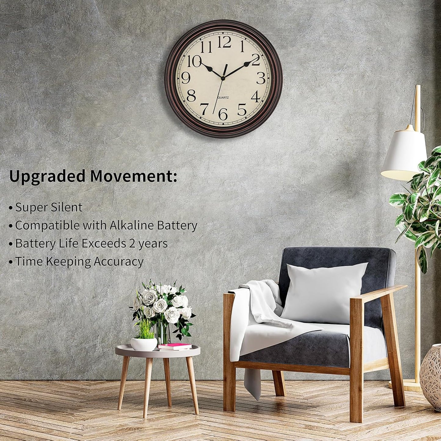 Foxtop Retro Silent Non-Ticking Round Classic Clock Quartz Decorative Battery Operated Wall Clock for Living Room Kitchen Home Office 12 Inch (Bronze)