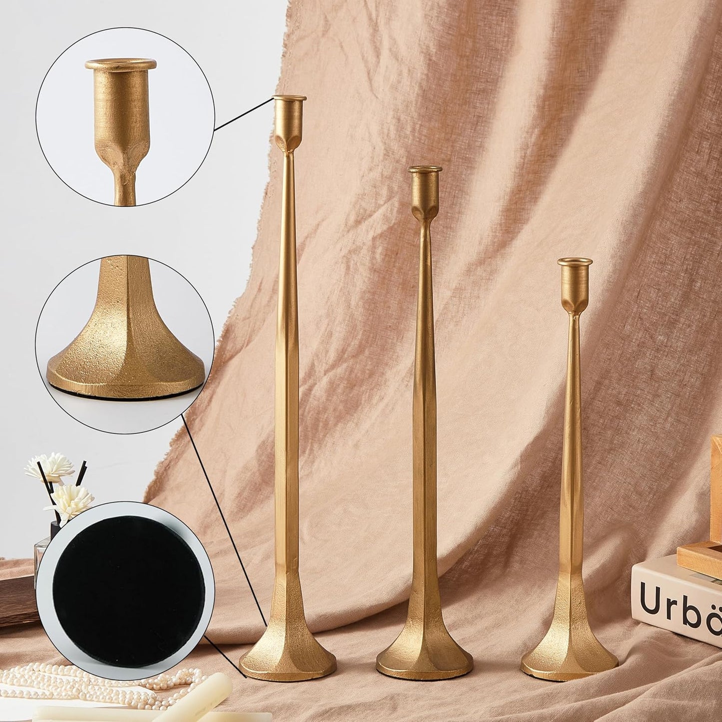 Denique Iron Taper Candle Holder Set of 3, Gold Candlestick Holders Decorative Candle Stand, Tapered Candle Holders Tall Set for Wedding, Dining Table, Home Decoration (Gold)