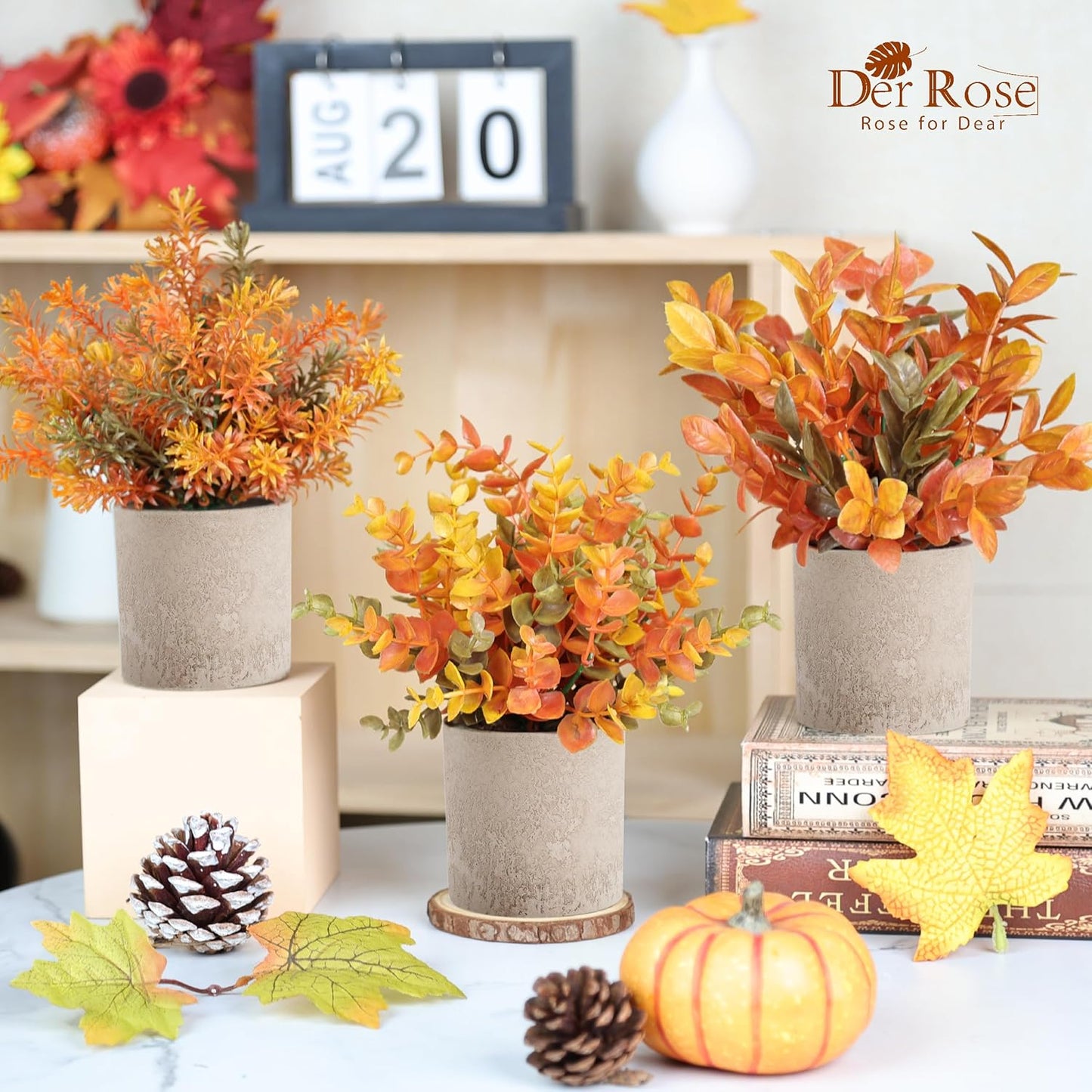Der Rose 3 Pack Mini Potted Fake Plants Artificial Plastic Eucalyptus Plants Topiaries for Home Office Desk Farmhouse Shelf Room Bathroom Decor(Sage Green)