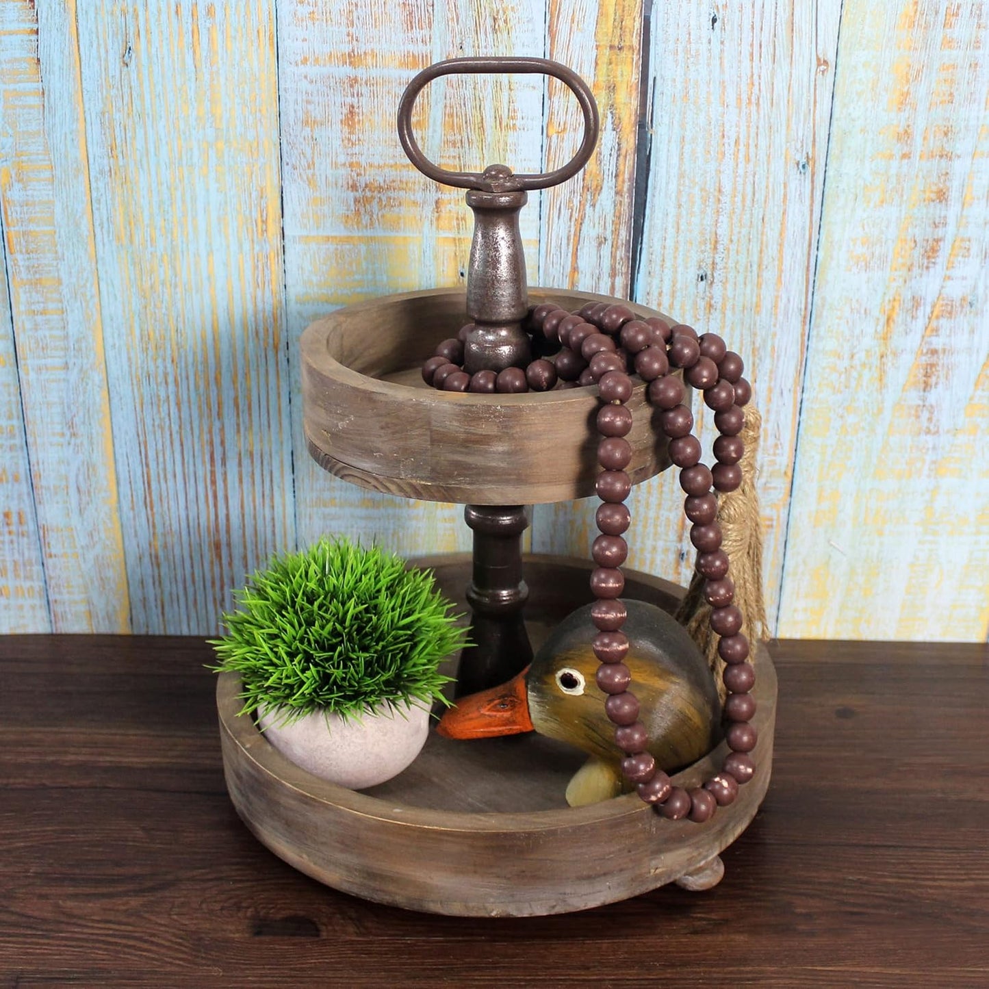 CVHOMEDECO. Wood Beads Garland with Tassels Farmhouse Rustic Wooden Prayer Bead String Wall Hanging Accent for Home Festival Decor. Mix Distressed