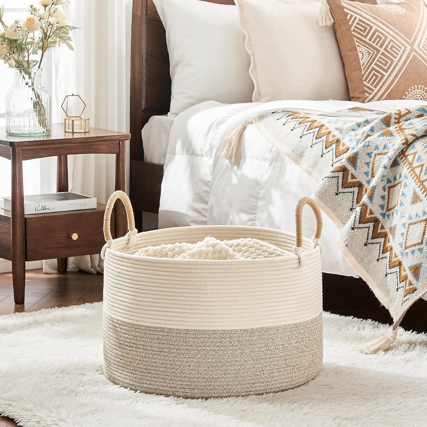 KAKAMAY Large Blanket Basket (20"x13"),Woven Baskets for storage Baby Laundry Hamper, Cotton Rope Blanket Basket for Living Room, Laundry, Nursery, Pillows, Baby Toy chest (White/Brown)