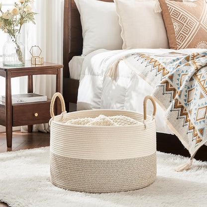 KAKAMAY Large Blanket Basket (20"x13"),Woven Baskets for storage Baby Laundry Hamper, Cotton Rope Blanket Basket for Living Room, Laundry, Nursery, Pillows, Baby Toy chest (White/Brown)