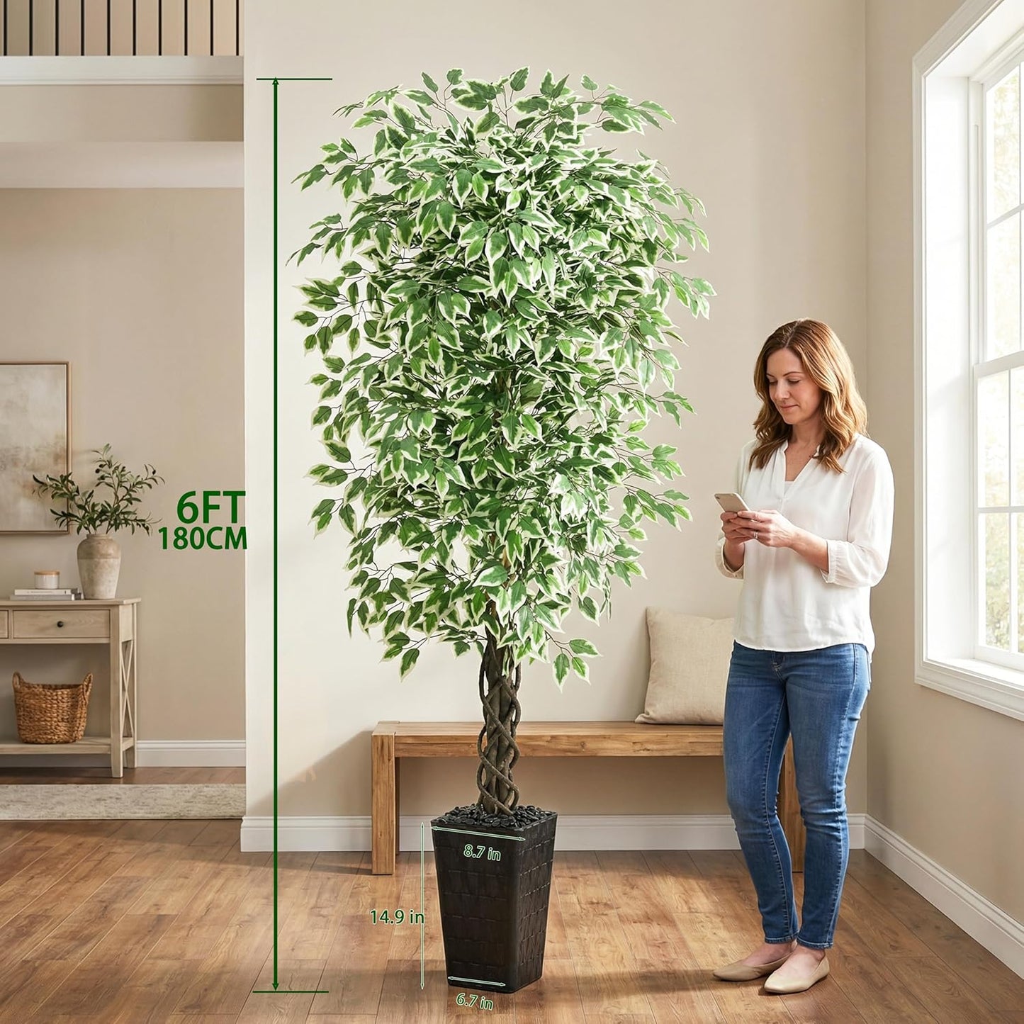 Artificial Ficus Tree 6FT Faux Plants Indoor Tall Fake Plants with White Planter, Green Lifelike Lush Fake Ficus Tree for Home Living Room Bedroom Outdoor Balcony House Office Decor