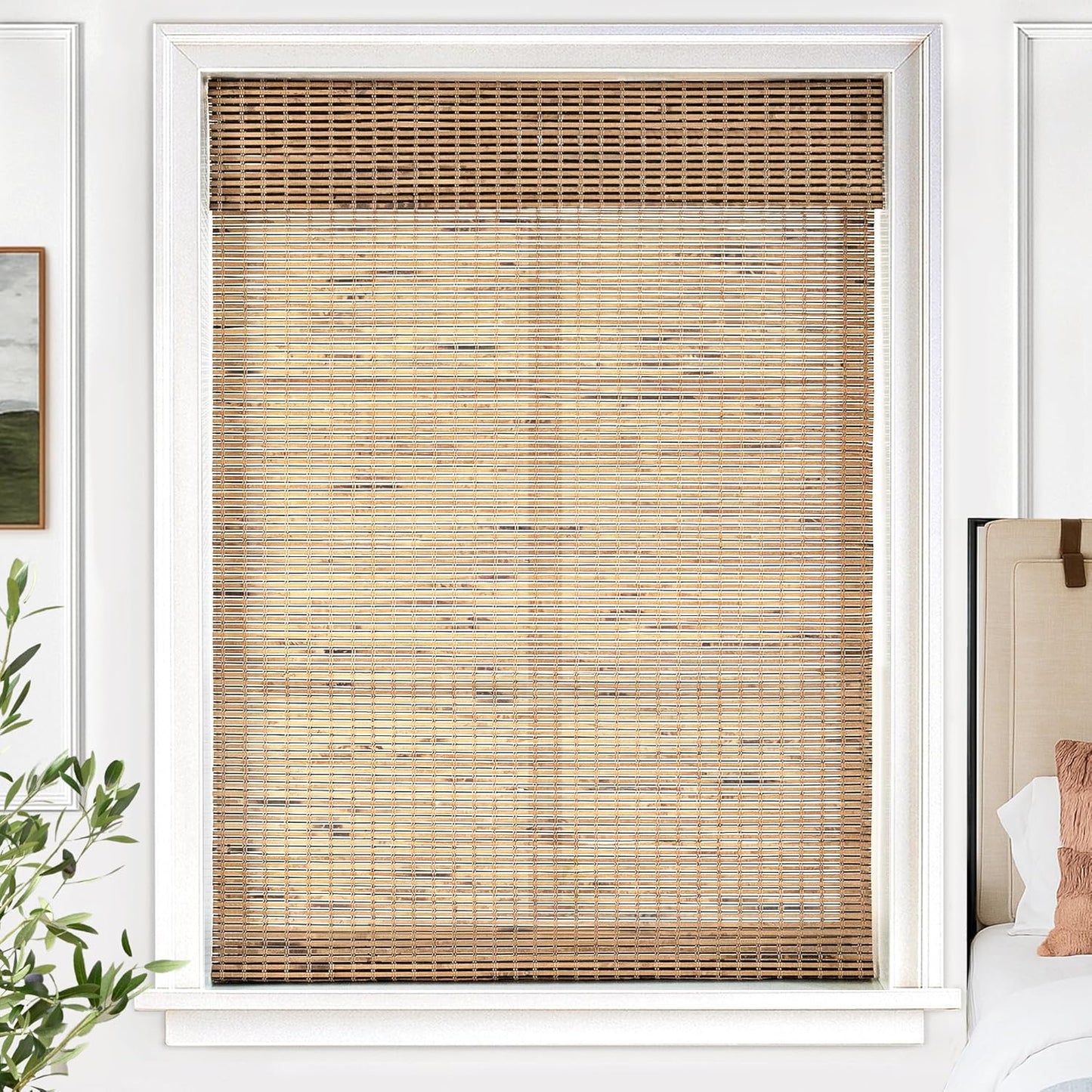 UNISHADES Cordless Bamboo Roman Shades for Windows, Blinds Size (26.5" W ×48" H) Colour (Highfield Teak)