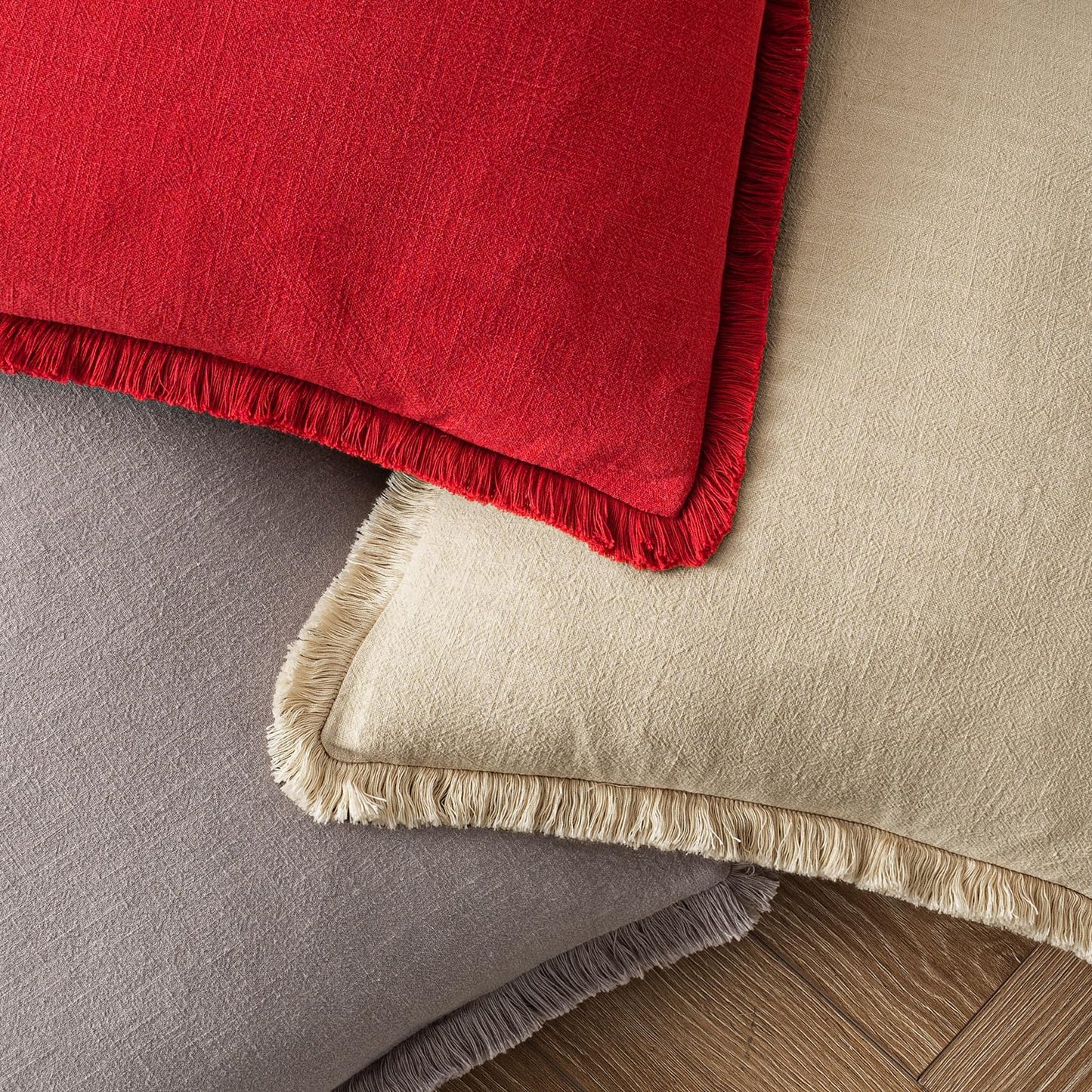 MIULEE Decorative Throw Pillow Covers Neutral Linen Fringe Throw Pillows Set of 2 Natural Beige Boho Farmhouse Cushion Covers with Tassels for Couch Sofa Bed Spring Home Decor 20x20 Inch
