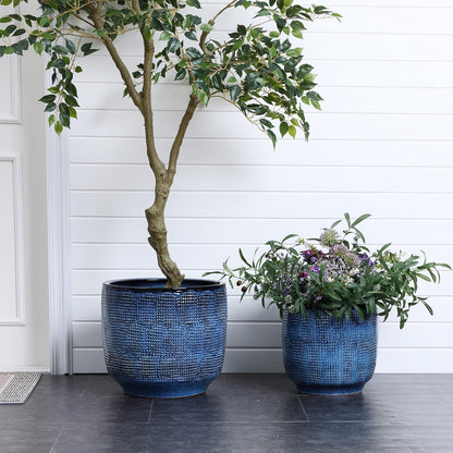 LuxenHome 15.75" Dia Large Ceramic Pots for Plants, Blue Glazed Planters for Outdoor Plants, Round Indoor Flower Pots with Drainage Hole and Rubber Plug for Home Garden Patio