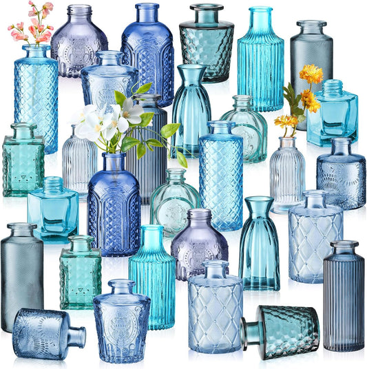 Yaomiao 30 Pcs Vases Bulk Colored Flower Glass Bud Vases Valentine Vintage Colored Glass Bottles Colorful Rustic Embossed for Home Wedding Table Decorations Gifts(Orange Yellow Series)