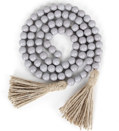 58in Wood Bead Garland with Tassels, Farmhouse Rustic Country Decor Prayer Boho Wall Hanging Decoration (Nature)