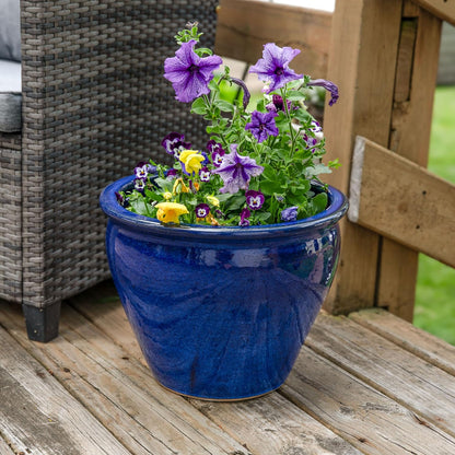 Sunnydaze Large Ceramic Plant Pot - Round Outdoor Glazed Ceramic Planter Pot with Drainage - Studio - Imperial Blue - 18.5"