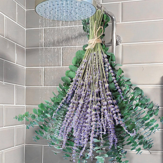 115 Pcs Eucalyptus Stems & Lavenders Flowers Bundles for Shower, 17'' Upgrade Hanging Shower Plant, Natural Real Eucalyptus Leaves Lavenders Stems with Chrysanthemums, Fragrant Bathroom Decor