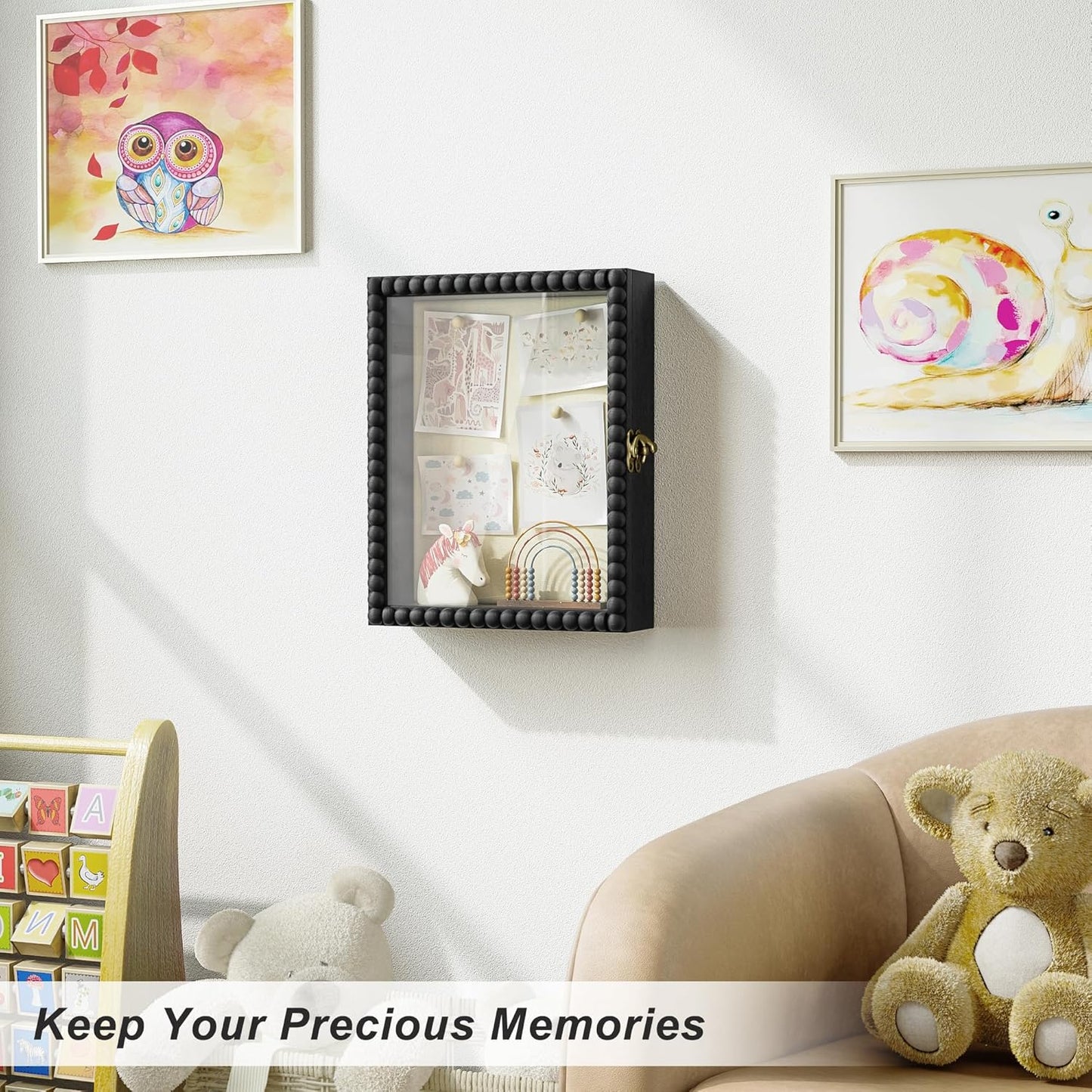 Love-KANKEI Shadow Box Frame 11x14, Deep Large Shadow Box Display Case with Unique Beads Door and Glass Window, Wood Memory Box for Pictures,Medals,Memorabilia,Collections White