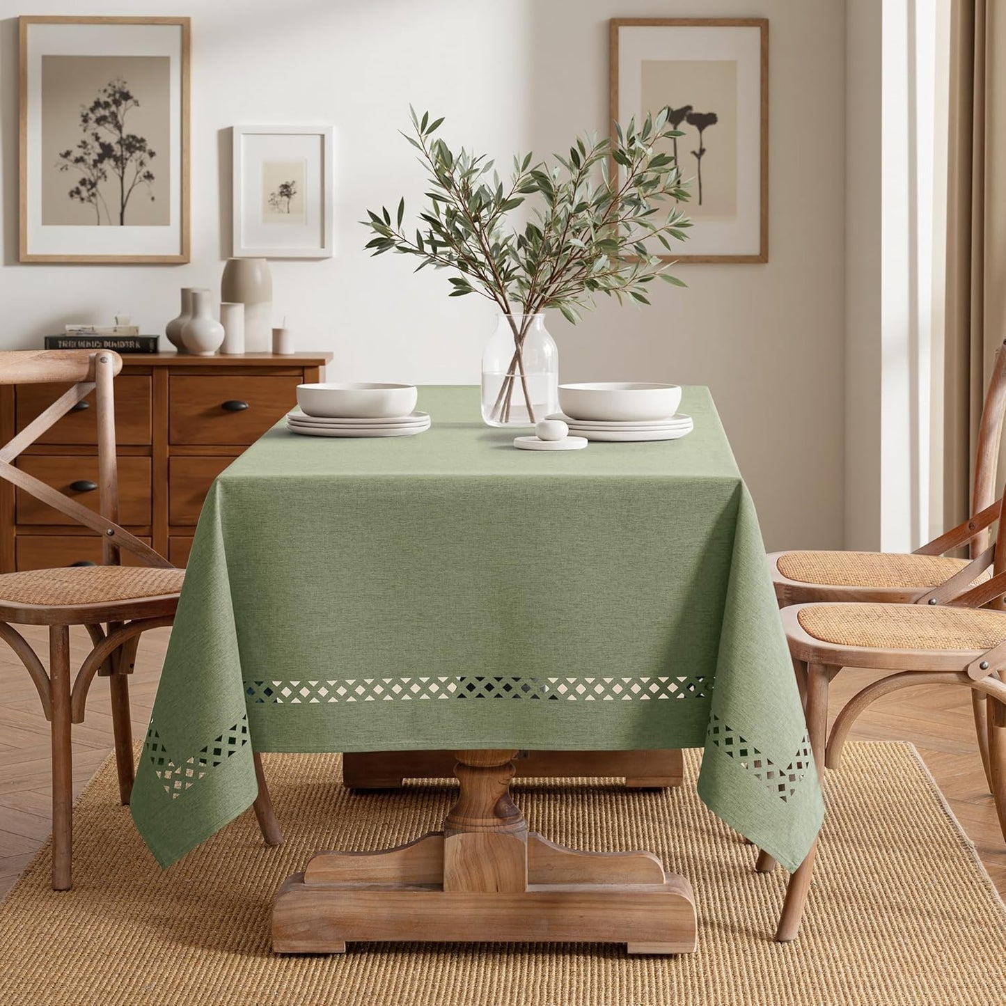 MIULEE Beige Rectangle Linen Polyester Tablecloth with Decorative Cutouts Spring Waterproof Stain Resistant & Shrink-Proof Table Cloth 52x70 inch Farmhouse Style for Dining Wedding and Outdoor