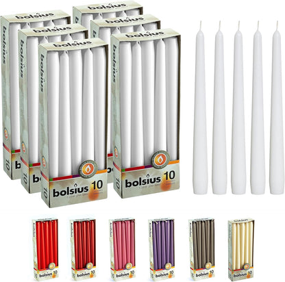 BOLSIUS Ivory Taper Candles - 10 Pack Unscented 10 Inch Dinner Candle Set - 8 Hours Burn Time - Premium European Quality - Smokeless and Dripless Household, Wedding, Party, and Home Décor Candlesticks