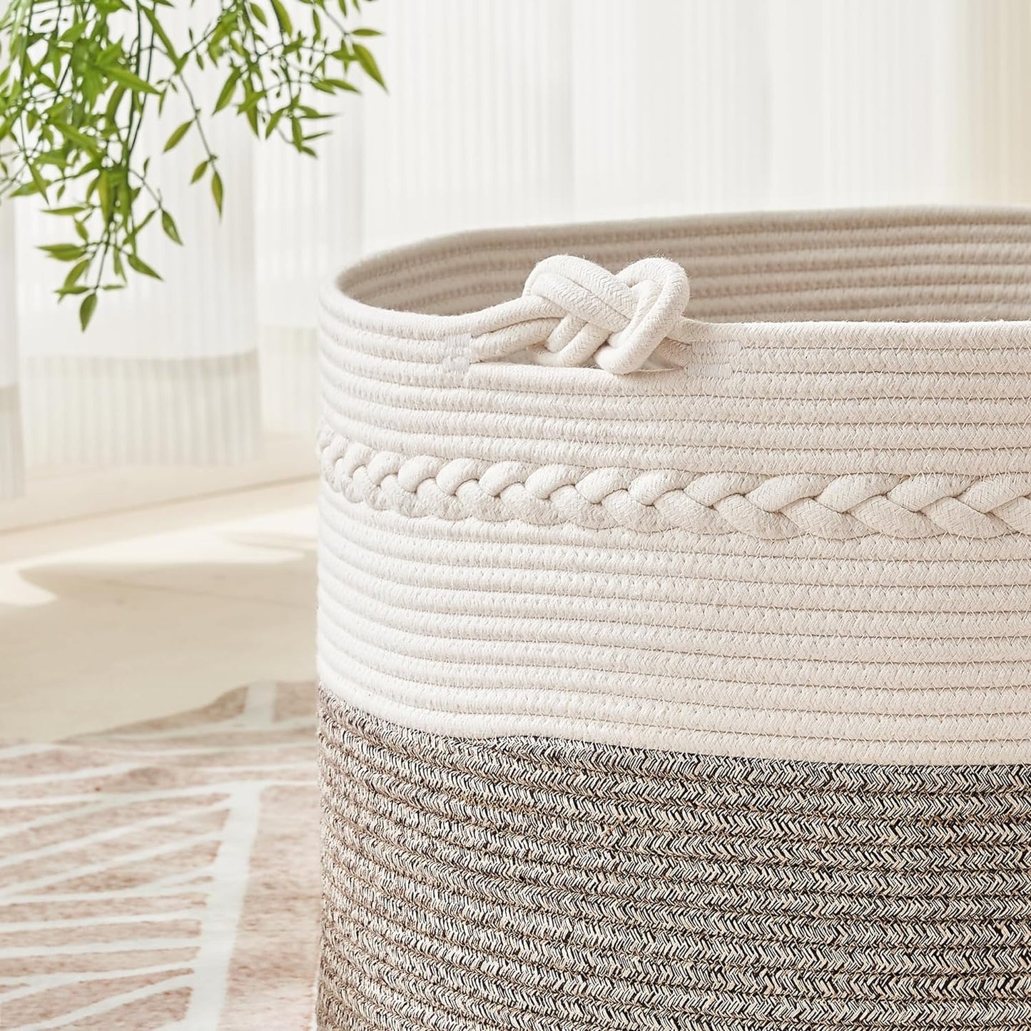 KAKAMAY Large Blanket Basket (20"x13"),Woven Baskets for storage Baby Laundry Hamper, Cotton Rope Blanket Basket for Living Room, Laundry, Nursery, Pillows, Baby Toy chest (White/Brown)