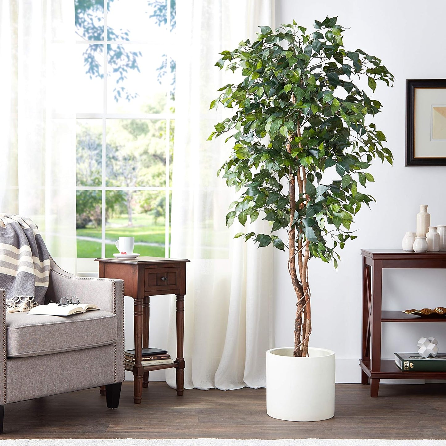 Nearly Natural 4ft Triple Trunk Ficus Silk Tree with Natural Wood Trunks and Dense Foliage, Mid-Size Faux Floor Plant for Home and Office