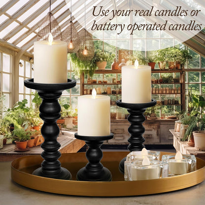Large Candle Holders for Pillar Candles (3 Piece Set) Tall Rustic Wood Farmhouse Pillar Candlestick Stands - Fits 4 inch inch Wide Pillar Candles - Modern Candle Holder Decor (Antique White)