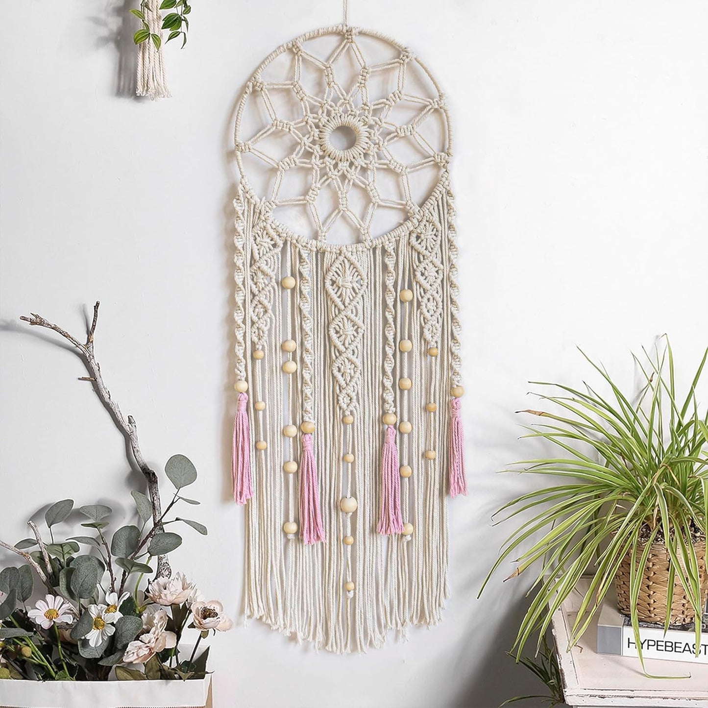 LB Boho Macrame Wall Hanging - Green and Beige Handmade Cotton Woven Decor, Modern Geometric Bohemian Tapestry Wall Decor for Bedroom Living Room Home (31.5"x9.84") Nature-Inspired Room Decor