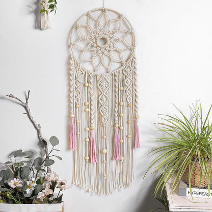 LB Boho Macrame Wall Hanging - Green and Beige Handmade Cotton Woven Decor, Modern Geometric Bohemian Tapestry Wall Decor for Bedroom Living Room Home (31.5"x9.84") Nature-Inspired Room Decor