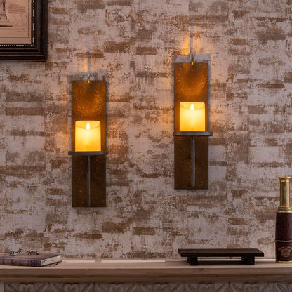 Set of 2 Vintage Wall Candle Sconce, Distressed Iron Metal, 15.6 x 3.9 inches, Rustic Farmhouse Style