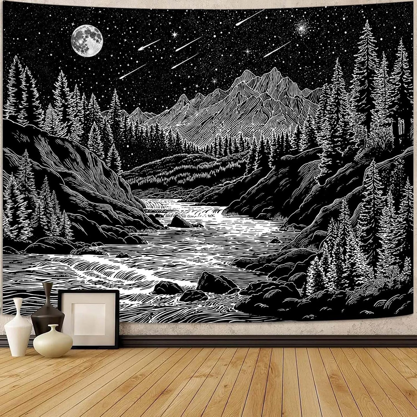 Zussun Black and White Tapestry Starry Night Mountain Tapestries for Bedroom Aesthetic Moon and Stars Tapastry's Wall Hanging Dark Nature Forest Wall Tapestry for Living Room Dorm (48'' × 36'')