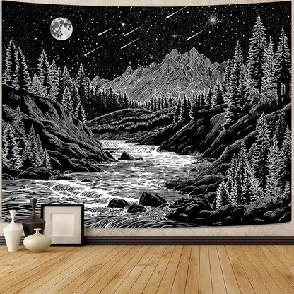 Zussun Black and White Tapestry Starry Night Mountain Tapestries for Bedroom Aesthetic Moon and Stars Tapastry's Wall Hanging Dark Nature Forest Wall Tapestry for Living Room Dorm (48'' × 36'')