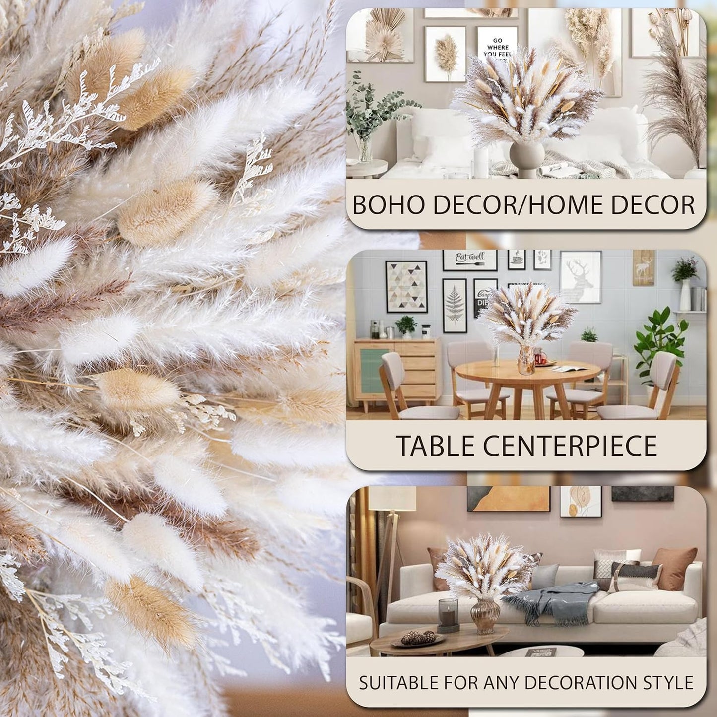 floradream 95 PCS Natural Pampas Grass Decor Bouquet | Boho Dried Floral Arrangement Centerpiece Table Decor Wedding Decor Rustic Decor, Natural, white, beige (Fdm-b-01)