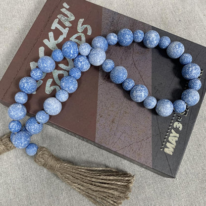 Handcrafted Farmhouse Wooden Decorative Beads Garland, Table Tray Boho Wood Beads with Tassel, Small Rustic Antique Decor for Home and Events (32" Rustic Blue)