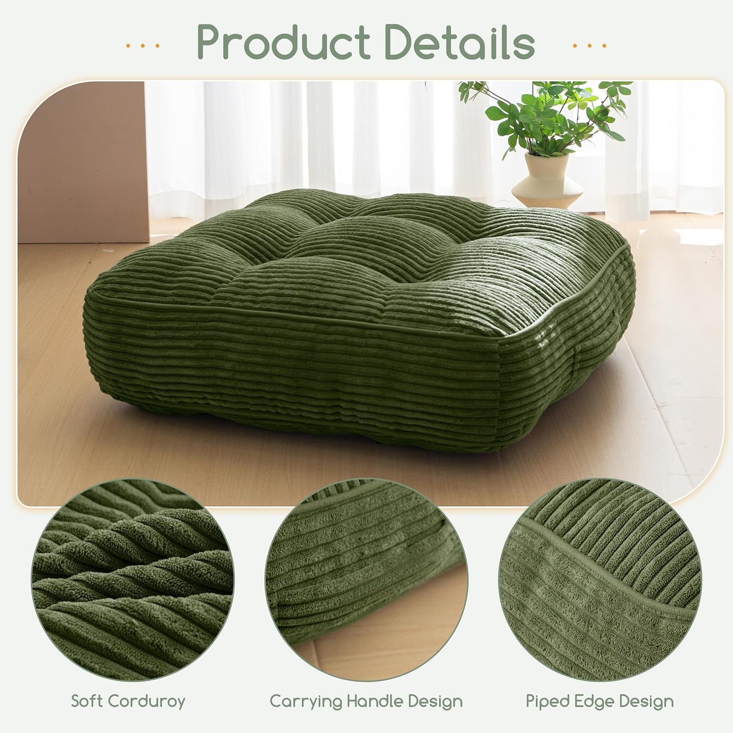 HIGOGOGO 6" Extra Thick Floor Pillow Cushion for Adults, Meditation Cushion Pillow, Large Square Floor Sitting, Tufted Corduroy Cover, for Tatami Living Room or Yoga, 22x22 Inch, 2Pack, Dark Grey