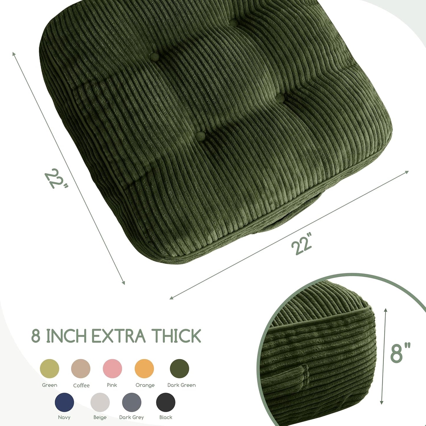 HIGOGOGO 6" Extra Thick Floor Pillow Cushion for Adults, Meditation Cushion Pillow, Large Square Floor Sitting, Tufted Corduroy Cover, for Tatami Living Room or Yoga, 22x22 Inch, 2Pack, Dark Grey
