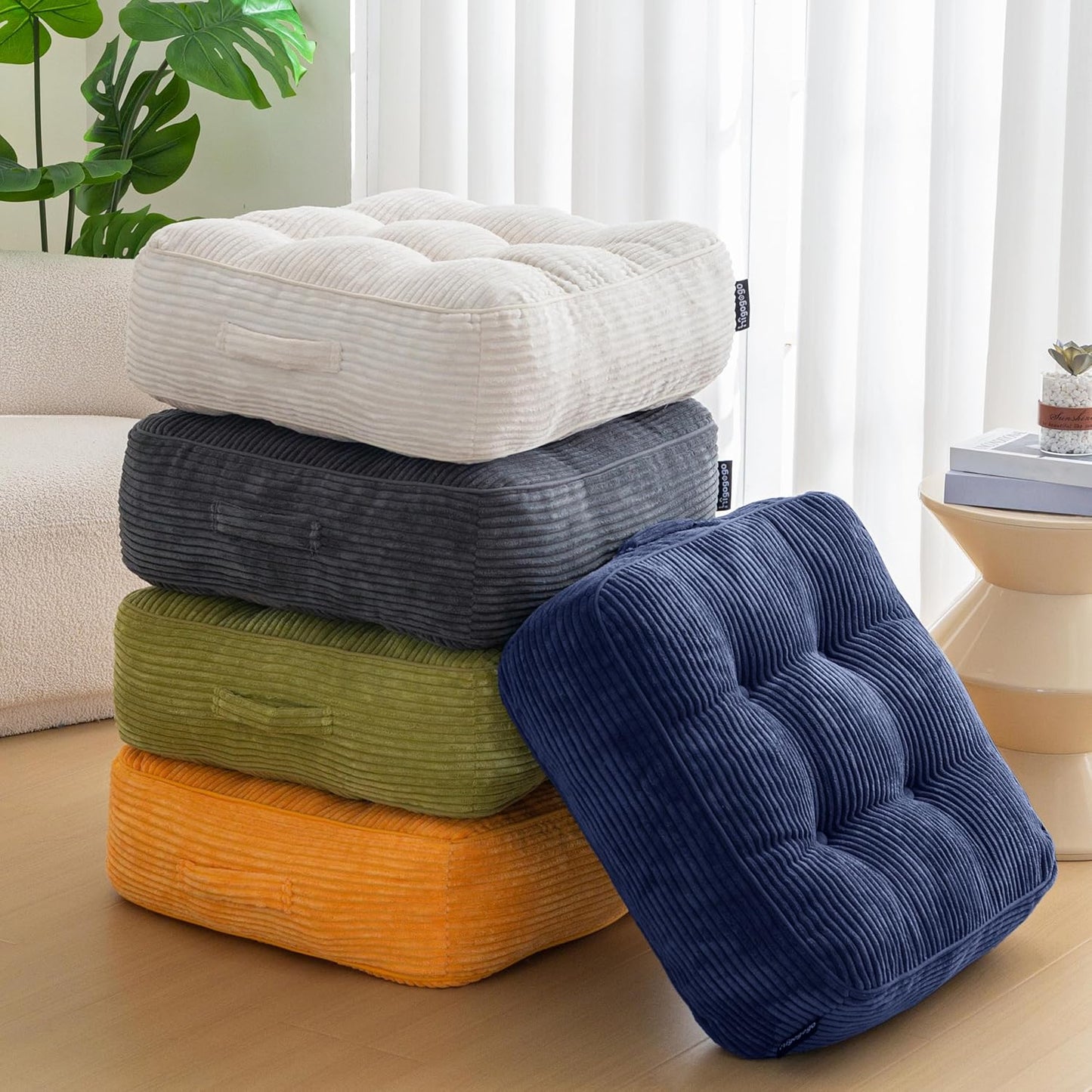 HIGOGOGO 6" Extra Thick Floor Pillow Cushion for Adults, Meditation Cushion Pillow, Large Square Floor Sitting, Tufted Corduroy Cover, for Tatami Living Room or Yoga, 22x22 Inch, 2Pack, Dark Grey