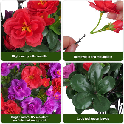 Ivydale Artificial Fake Flowers Plants for Outdoor Outside Spring Decor, Faux Silk Yellow Camellia UV Resistant Look Real for Planter Pot Porch Patio Balcony Garden Yard, 3 Large Bundles