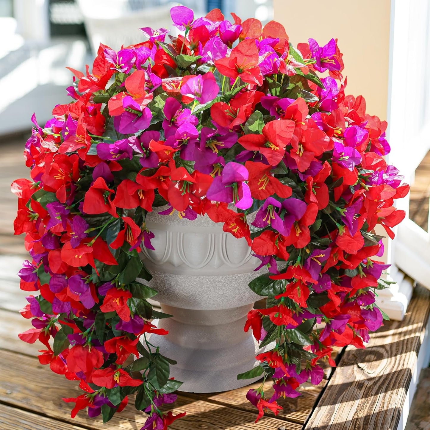 Faux Bougainvillea Artificial Flowers Plants for Outdoor Outside Decoration, 2 PCS Red Fake Flowers UV Resistant Look Real Silk Long Trailing Vines for Front Door Porch Planter Urn Patio Garden Yard