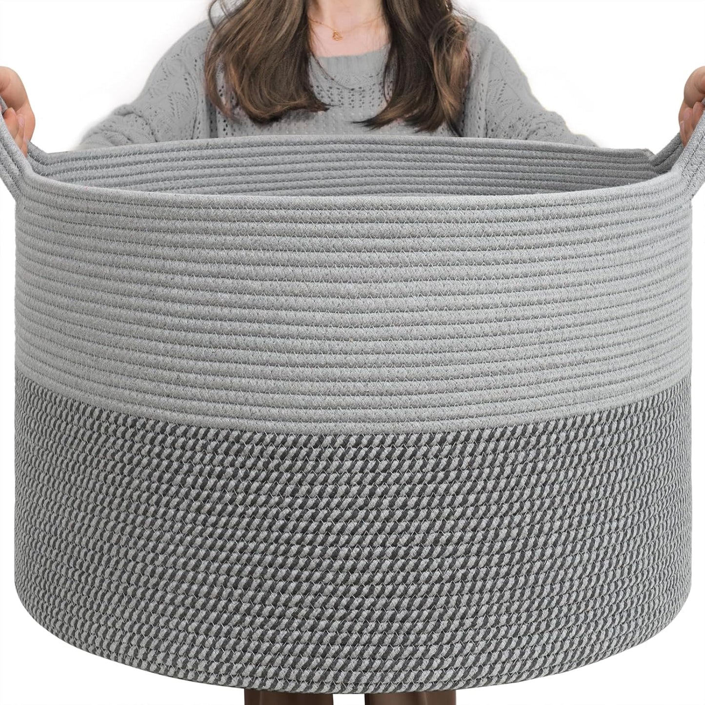 INDRESSME XXXLarge Blanket Basket for Living Room 21.7" x 21.7" x 13.8"-Storage Basket with Handle for Organizing Toy Pillows Woven Cotton Rope Laundry Basket Stuffed Animal Toy Storage for Play Room