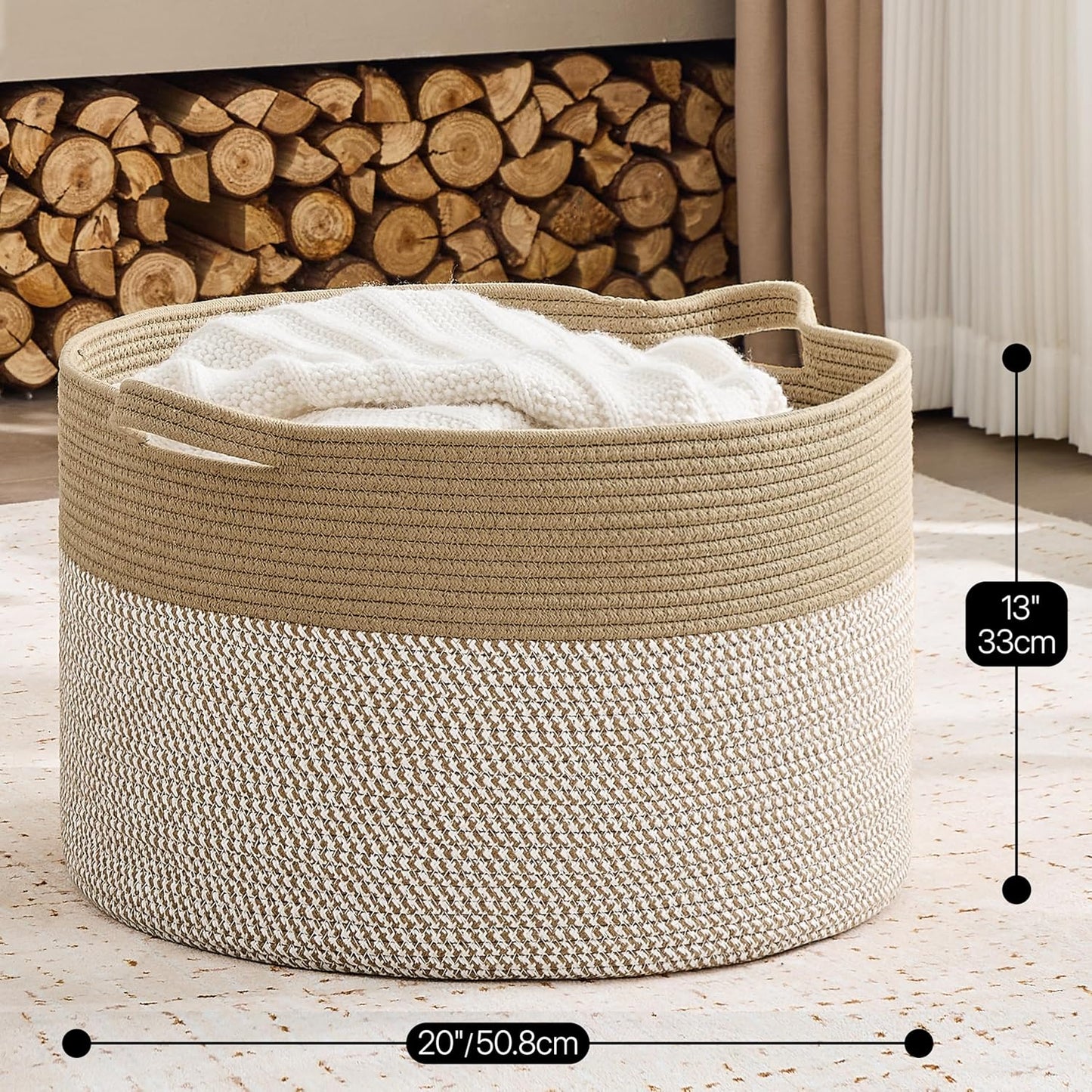 KAKAMAY Large Blanket Basket (20"x13"),Woven Baskets for storage Baby Laundry Hamper, Cotton Rope Blanket Basket for Living Room, Laundry, Nursery, Pillows, Baby Toy chest (White/Brown)