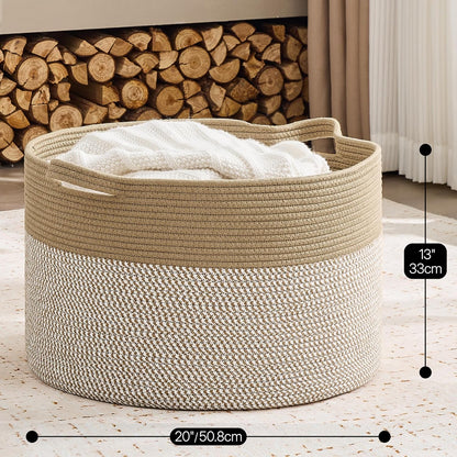 KAKAMAY Large Blanket Basket (20"x13"),Woven Baskets for storage Baby Laundry Hamper, Cotton Rope Blanket Basket for Living Room, Laundry, Nursery, Pillows, Baby Toy chest (White/Brown)