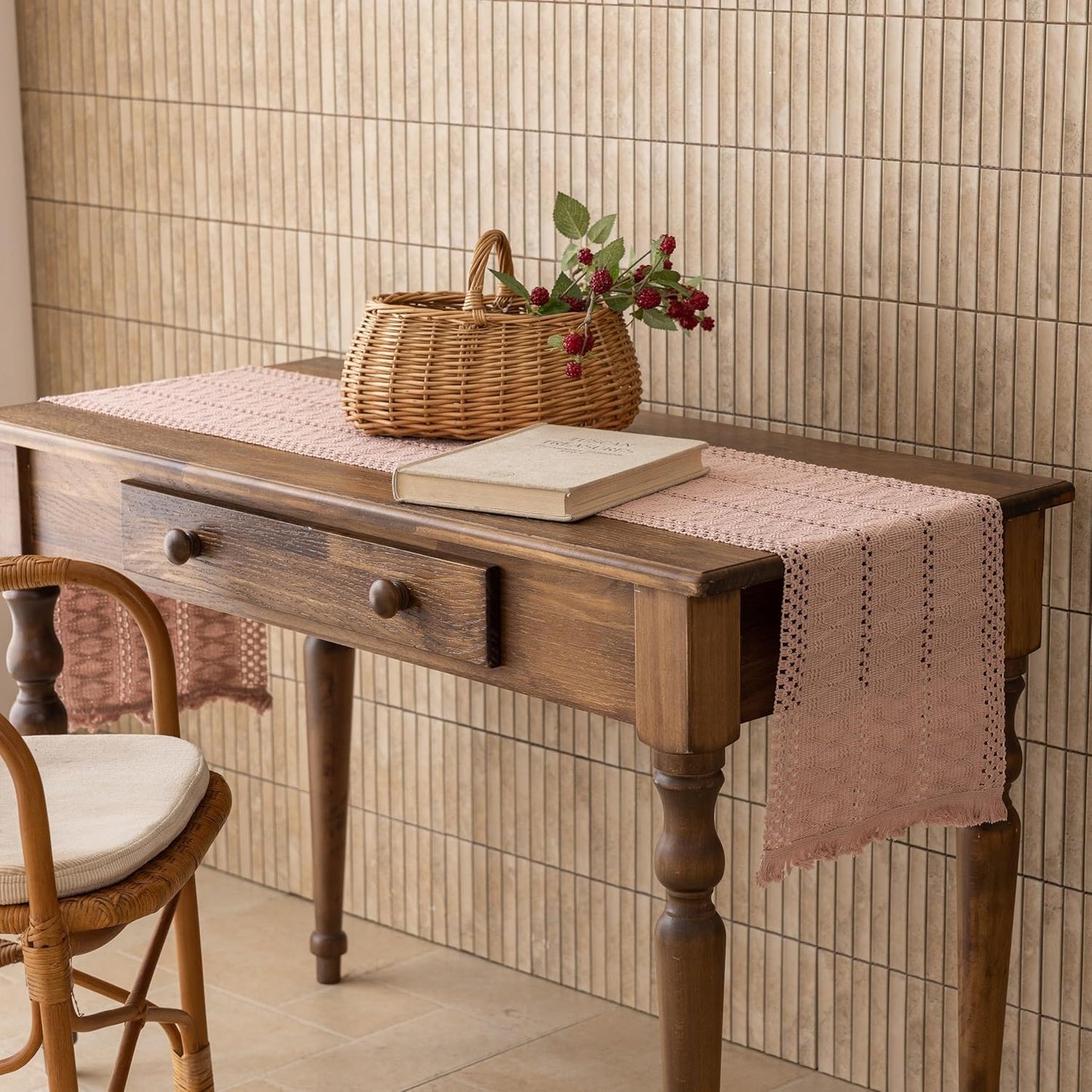 Keketoarrange Boho Sage Green Table Runner for Summer Home Decorations 12x72 Inches Farmhouse Small Macrame Woven Burlap Rustic Coffee Dresser Dining Kitchen Centerpiece Bohemian Decor