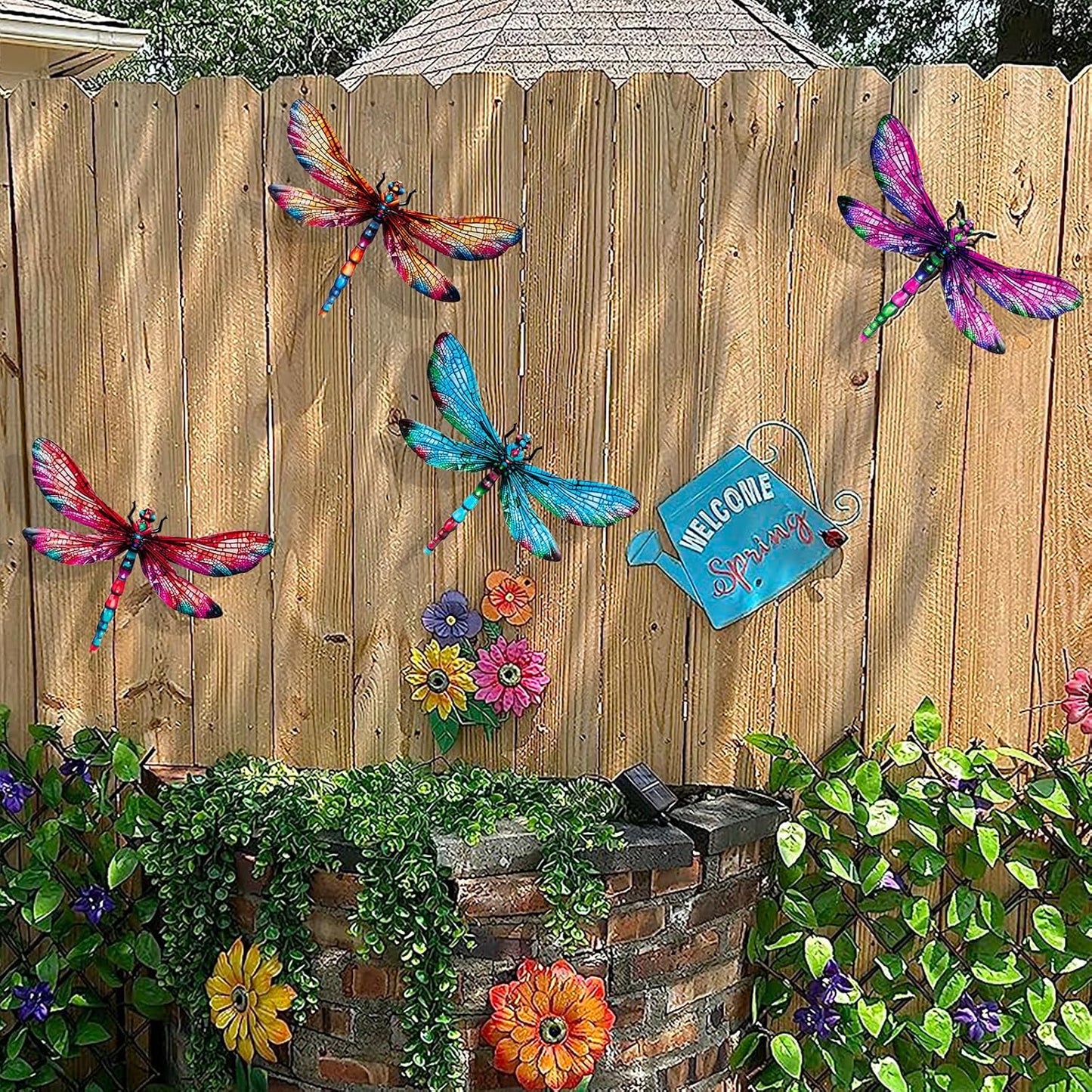 SUNREEK Metal Dragonfly Wall Decor, 9 Inches Dragonfly Outdoor Wall Art for Fence Garden Yard Patio Decorations