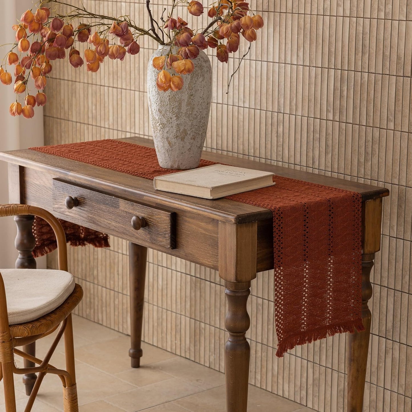 Keketoarrange Boho Sage Green Table Runner for Summer Home Decorations 12x72 Inches Farmhouse Small Macrame Woven Burlap Rustic Coffee Dresser Dining Kitchen Centerpiece Bohemian Decor