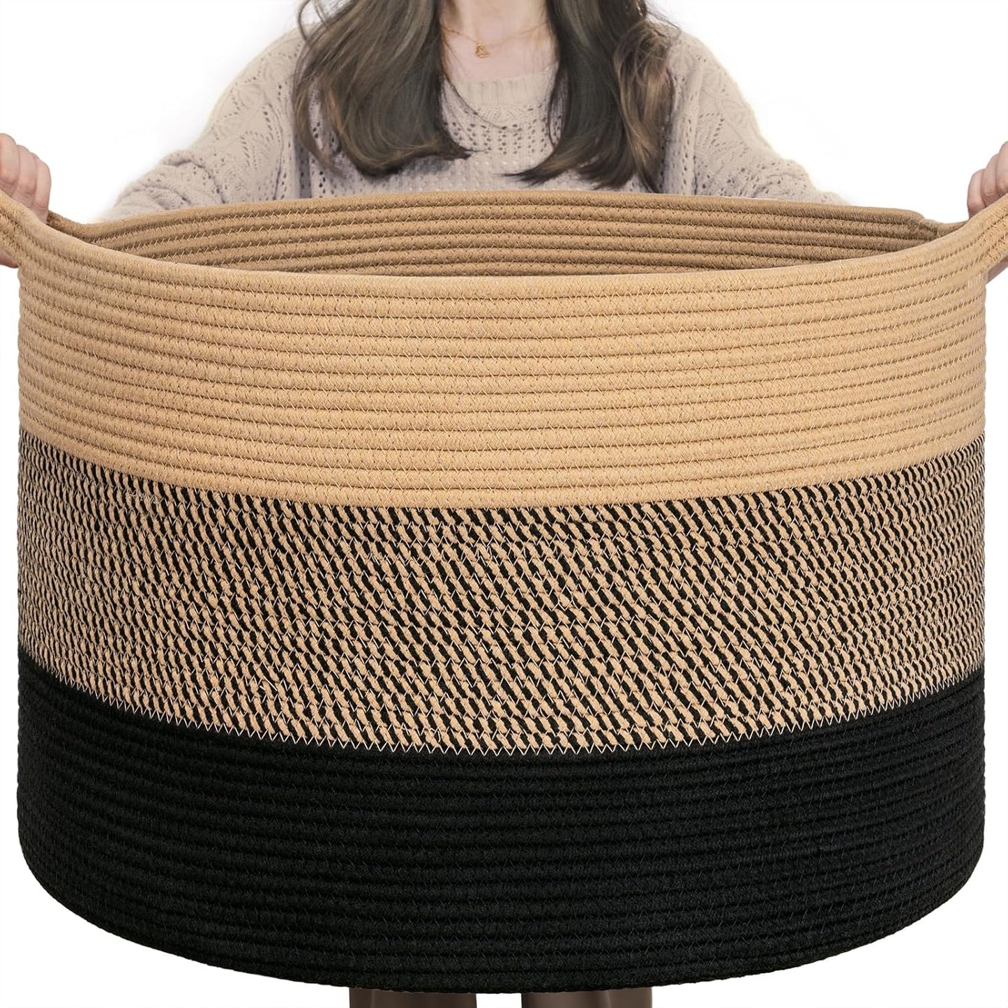 INDRESSME XXXLarge Blanket Basket for Living Room 21.7" x 21.7" x 13.8"-Storage Basket with Handle for Organizing Toy Pillows Woven Cotton Rope Laundry Basket Stuffed Animal Toy Storage for Play Room