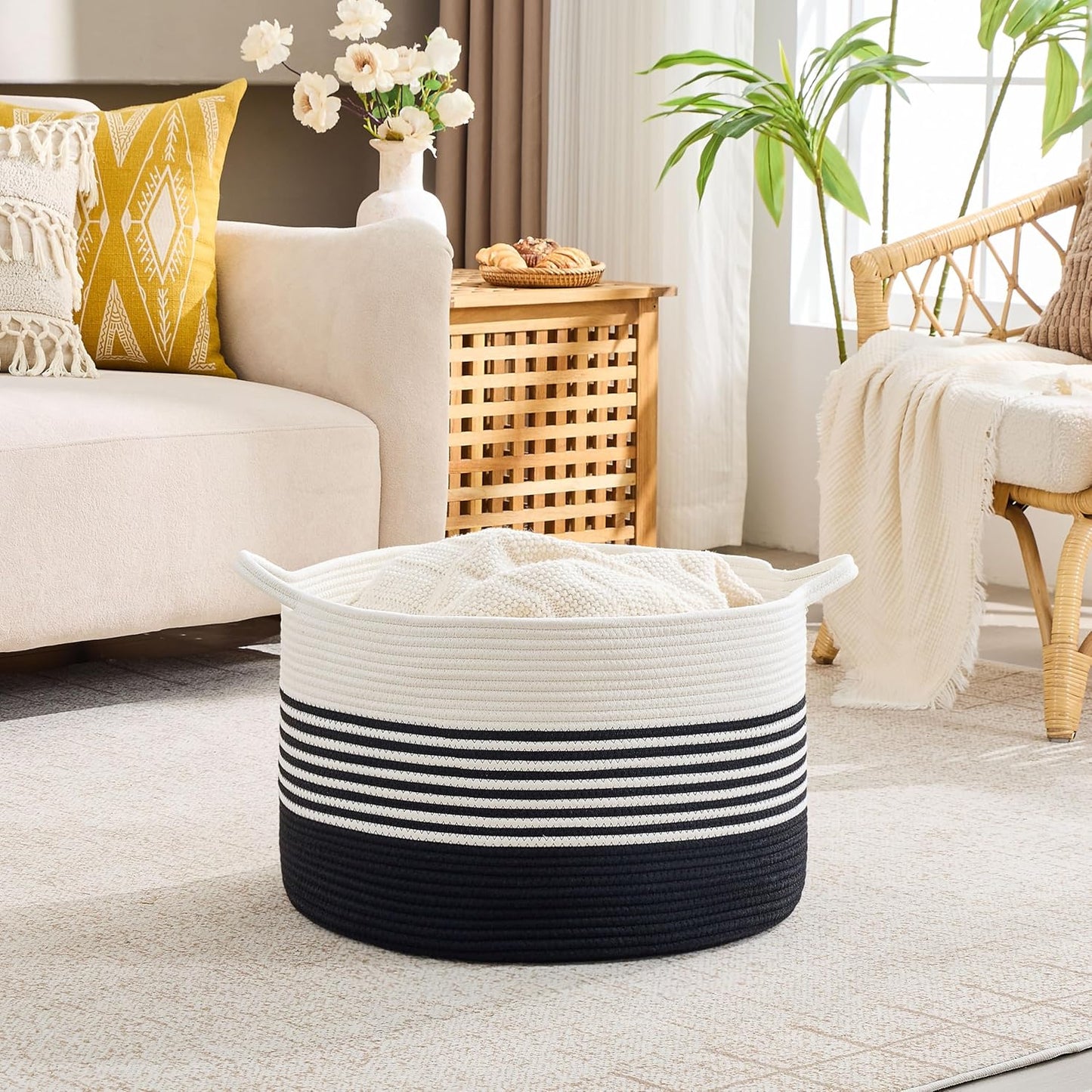 KAKAMAY Large Blanket Basket (20"x13"),Woven Baskets for storage Baby Laundry Hamper, Cotton Rope Blanket Basket for Living Room, Laundry, Nursery, Pillows, Baby Toy chest (White/Brown)