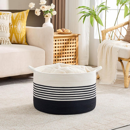 KAKAMAY Large Blanket Basket (20"x13"),Woven Baskets for storage Baby Laundry Hamper, Cotton Rope Blanket Basket for Living Room, Laundry, Nursery, Pillows, Baby Toy chest (White/Brown)