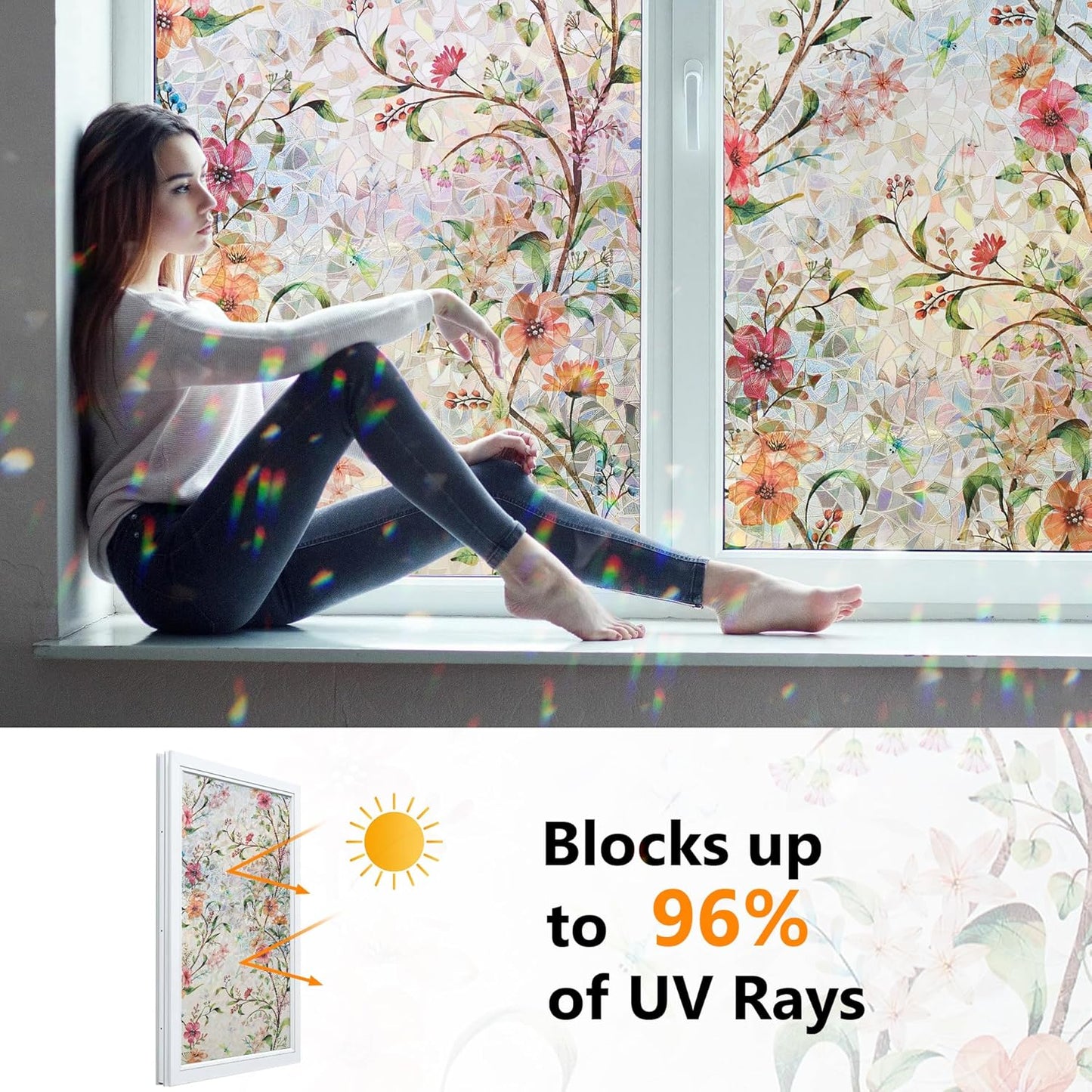 Ranzdn Window Privacy Film - Stained Glass Window Film Static Cling UV & Heat Blocking Rainbow Window Film for Glass Doors, Bedroom Windows - No Glue Premium Vinyl (Easy Install, 17.5"×78.7")