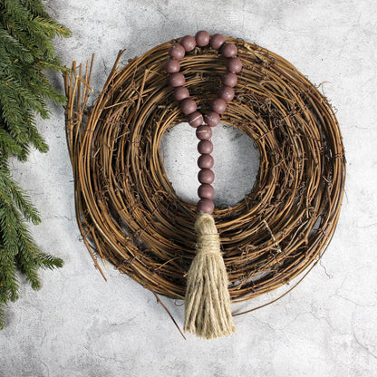 CVHOMEDECO. Wood Beads Garland with Tassels 3 PCS Farmhouse Rustic Wooden Prayer Bead String Wall Hanging Accent for Home Festival Decor. Natural