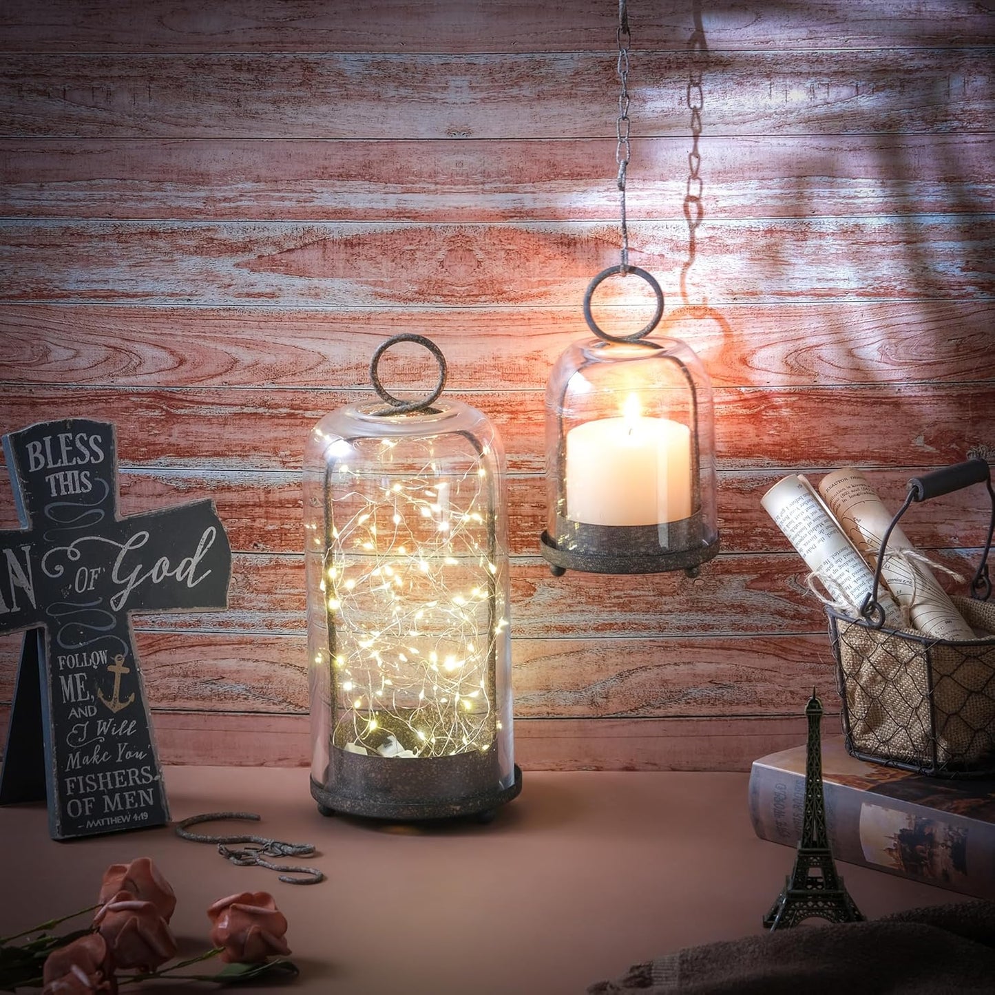 5" & 4" Wide Versatile Metal Candle Holder with Handmade Sturdy Glass Dome in Brass for Pillar Candle & Plants, 5.1" xH11.8 4" xH7.5, Industrial, Farmhouse, Shabby Chic. (2, Brass, Large & Small)