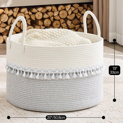 KAKAMAY Large Blanket Basket (20"x13"),Woven Baskets for storage Baby Laundry Hamper, Cotton Rope Blanket Basket for Living Room, Laundry, Nursery, Pillows, Baby Toy chest (White/Brown)