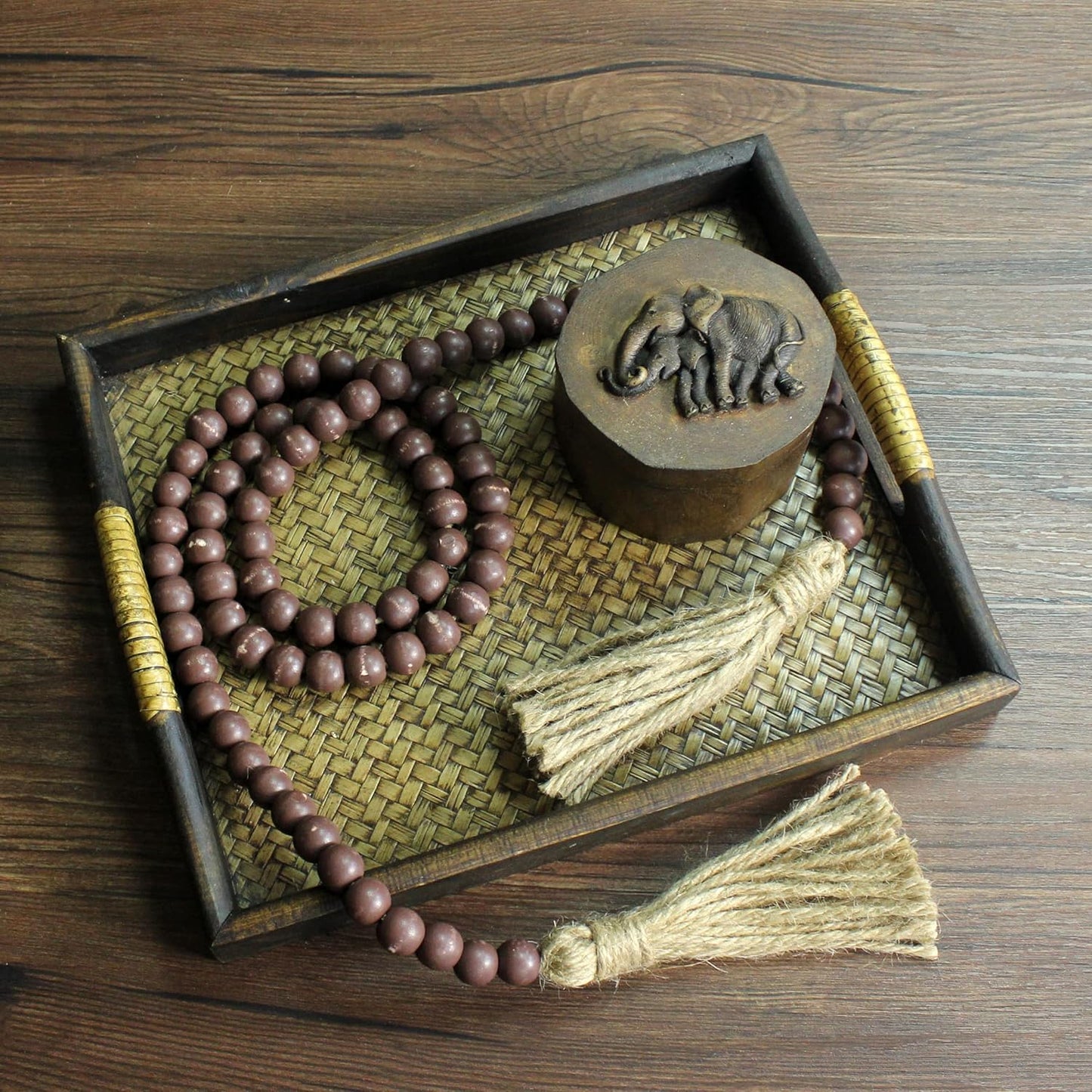CVHOMEDECO. Wood Beads Garland with Tassels Farmhouse Rustic Wooden Prayer Bead String Wall Hanging Accent for Home Festival Decor. Mix Distressed