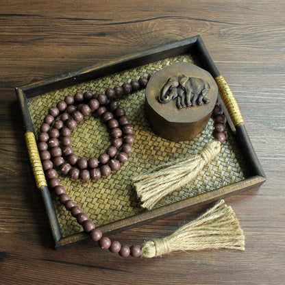 CVHOMEDECO. Wood Beads Garland with Tassels Farmhouse Rustic Wooden Prayer Bead String Wall Hanging Accent for Home Festival Decor. Mix Distressed