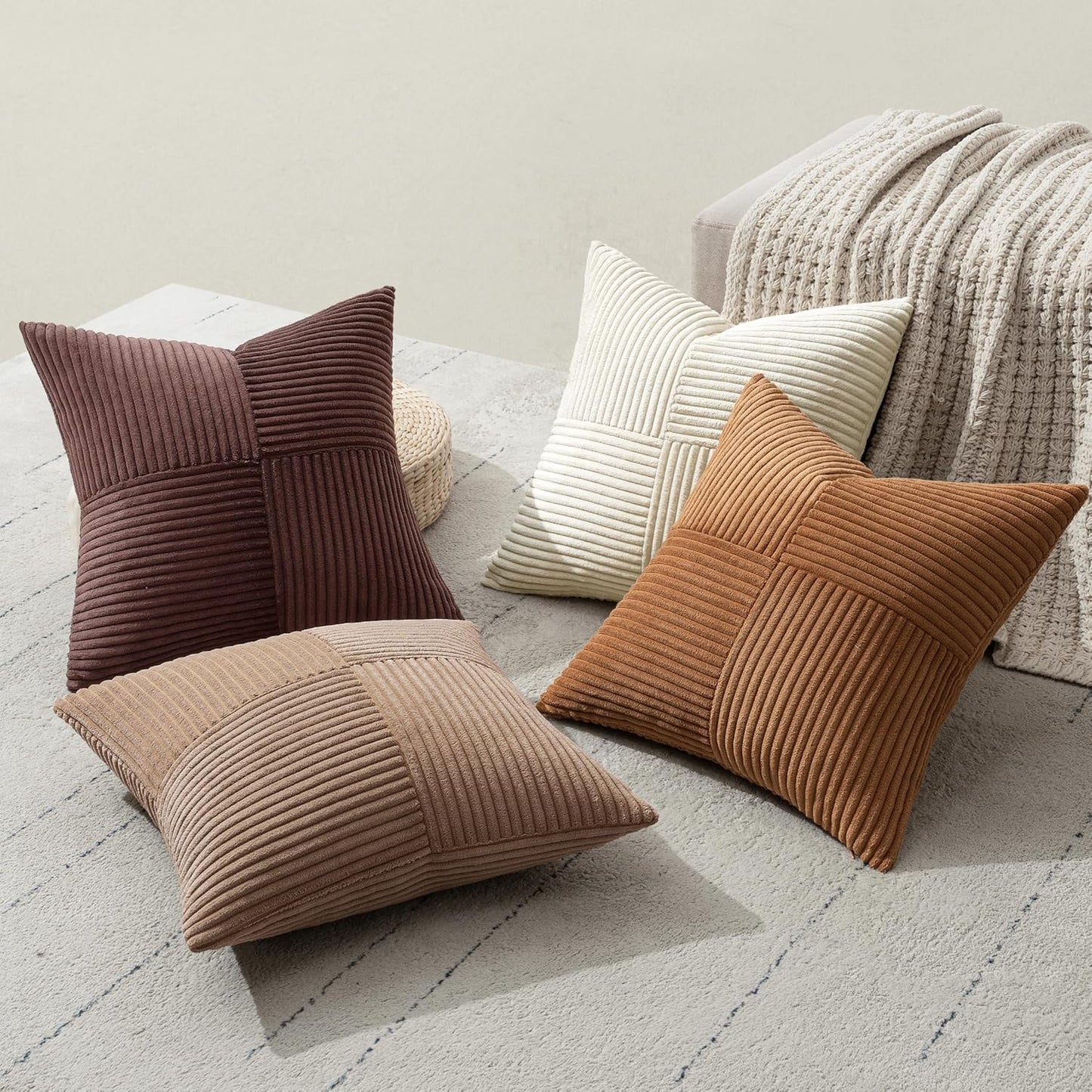 MIULEE Teal Orange Decorative Throw Pillow Covers 18x18 Inch Set of 4 Boho Corduroy Striped Cushion Cases Modern Farmhouse Patchwork Pillow Cases for Couch Sofa Bedroom Home Decor